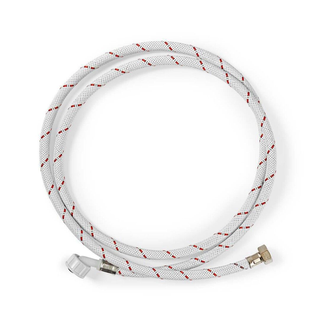 Tubo di alimentazione bianco con strisce rosse. Raccordi su entrambe le estremità. Su sfondo bianco.