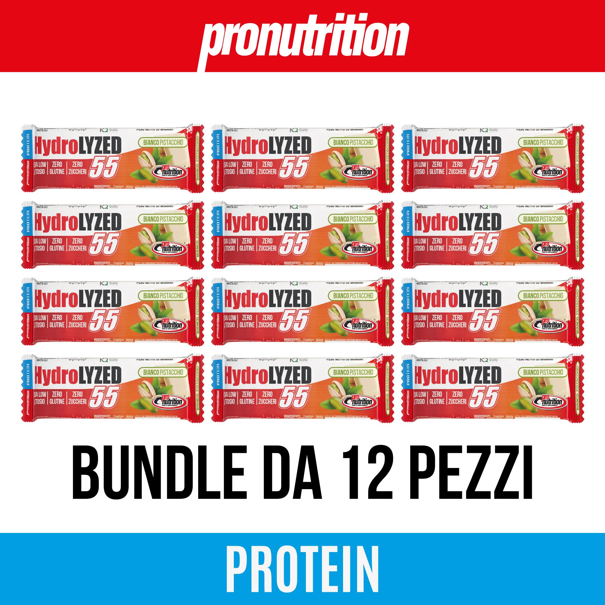 Confezione da 12 barrette proteiche. Scritta: Hydrolyzed 55, Zero Zuccheri, Senza Glutine/Lattosio. Bundle da 12 pezzi.