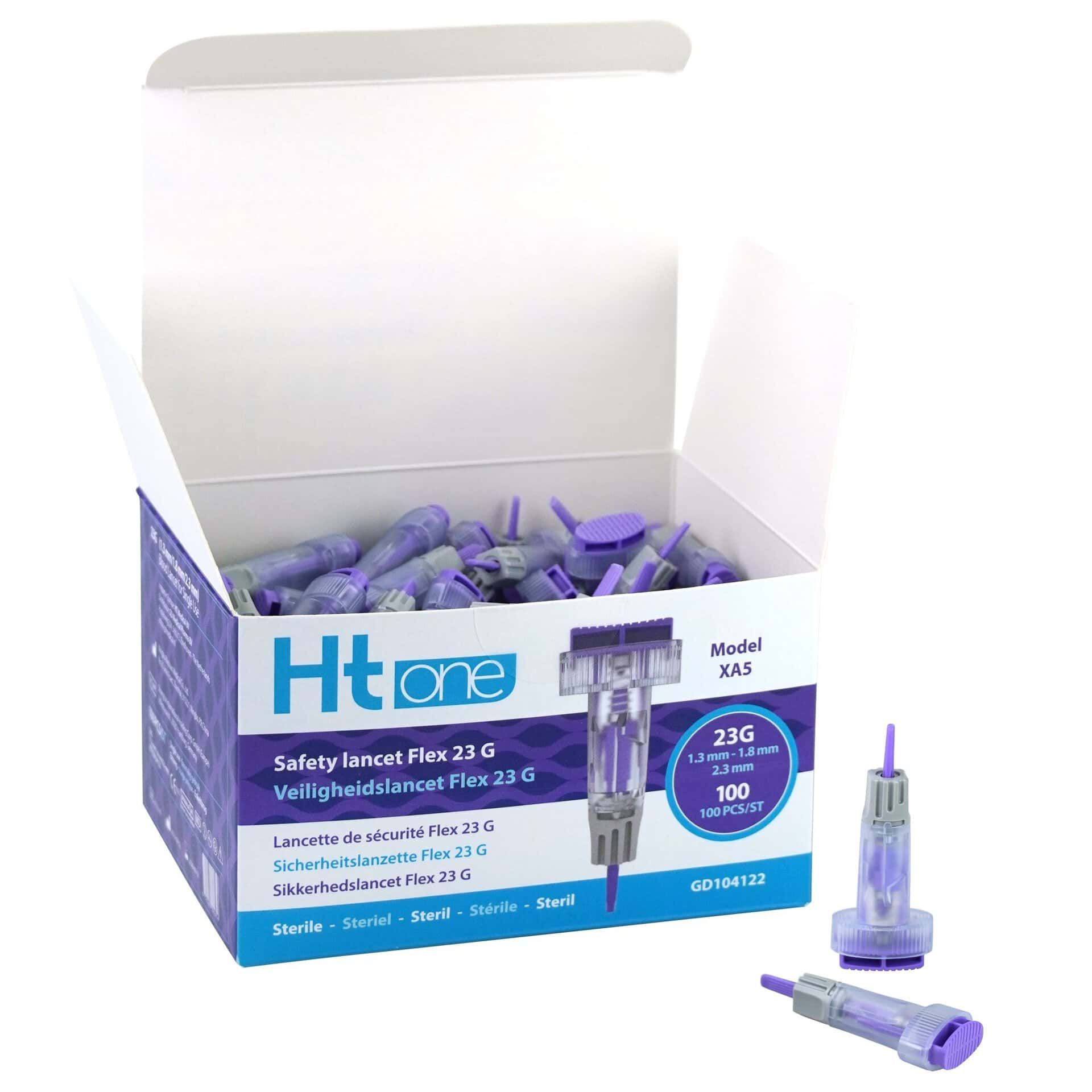 Confezione aperta del HT One Safety Lancet Flex 23G, piena di molte lancette individuali.