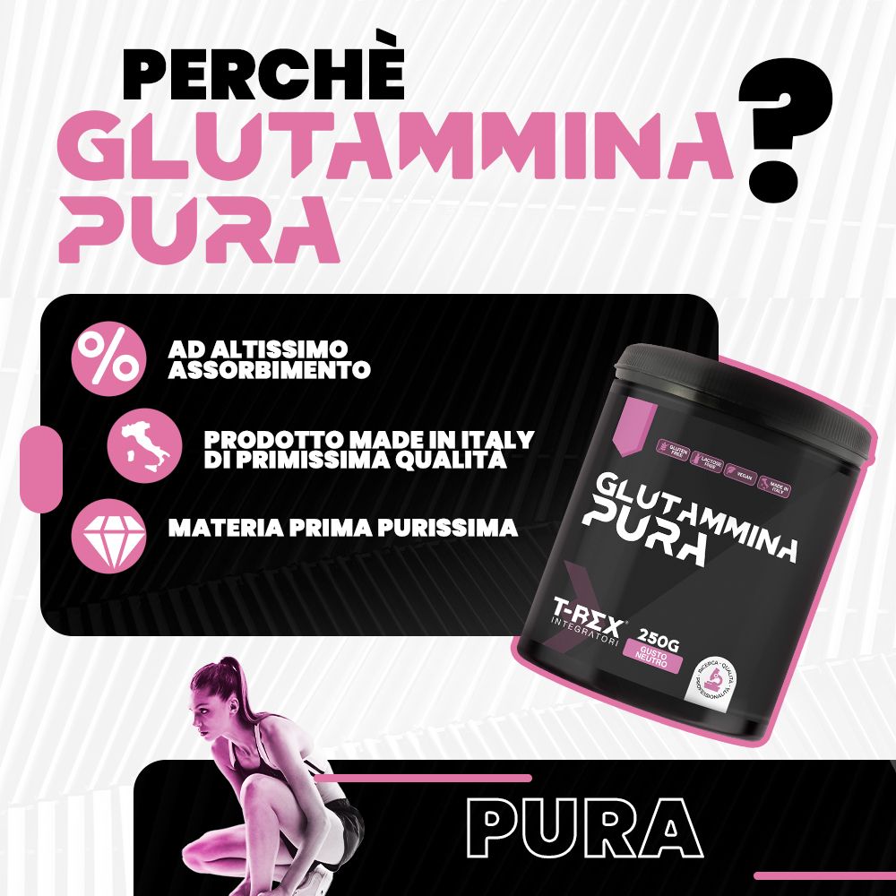 Immagine pubblicitaria con barattolo GLUTAMMINA PURA. Testo: Made in Italy, alto assorbimento, qualità premium. Donna che si allena.