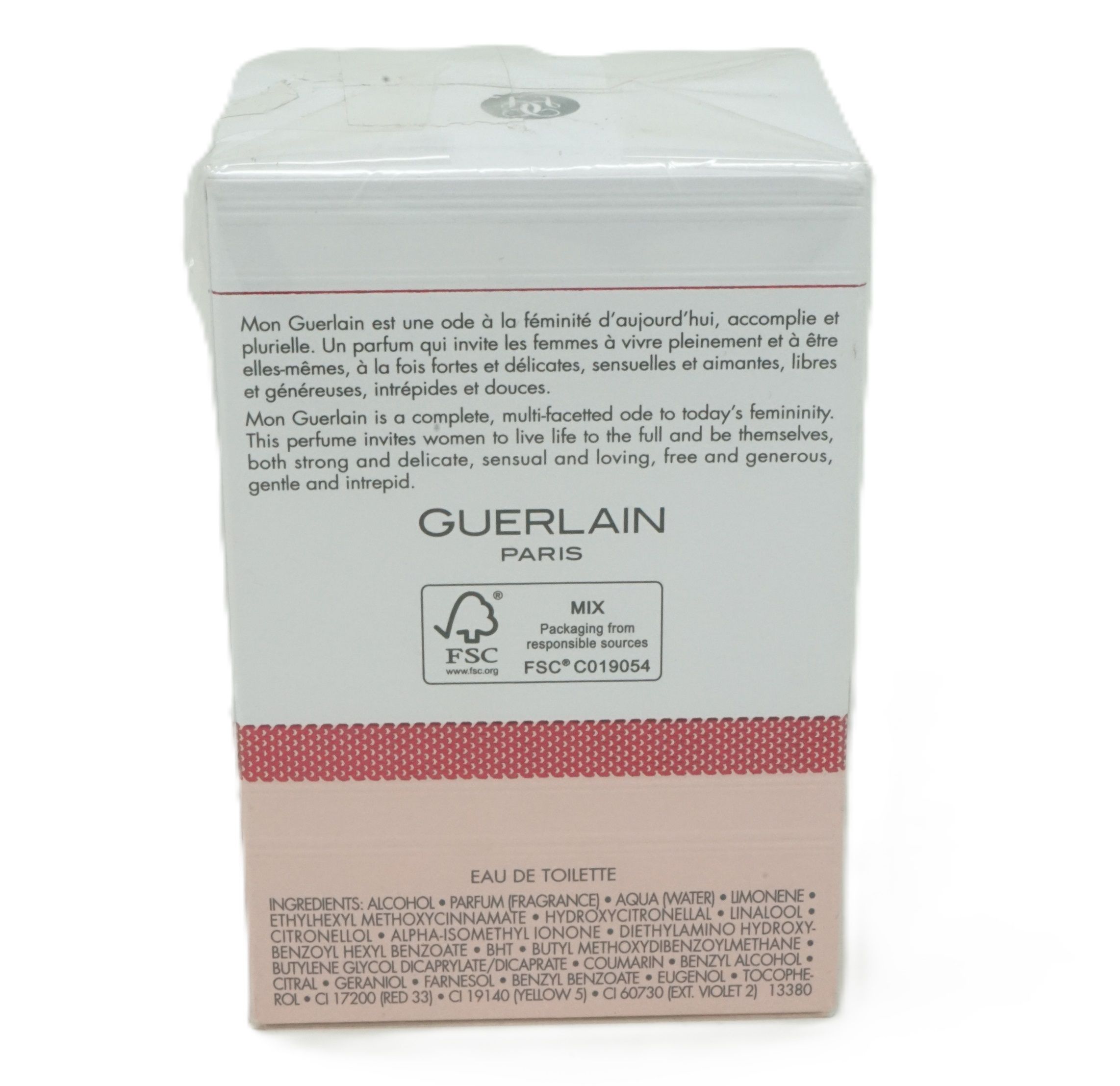 Retro della confezione di Mon Guerlain Eau de Toilette. Testo multilingue. Certificazione FSC. Ingredienti.