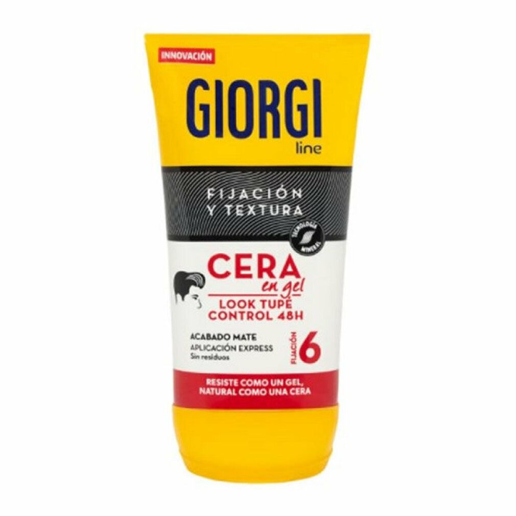Gel per capelli Giorgi, tubo giallo. Striscia nera con testo. "Cera en gel" e "Look Tupe Control 48H".