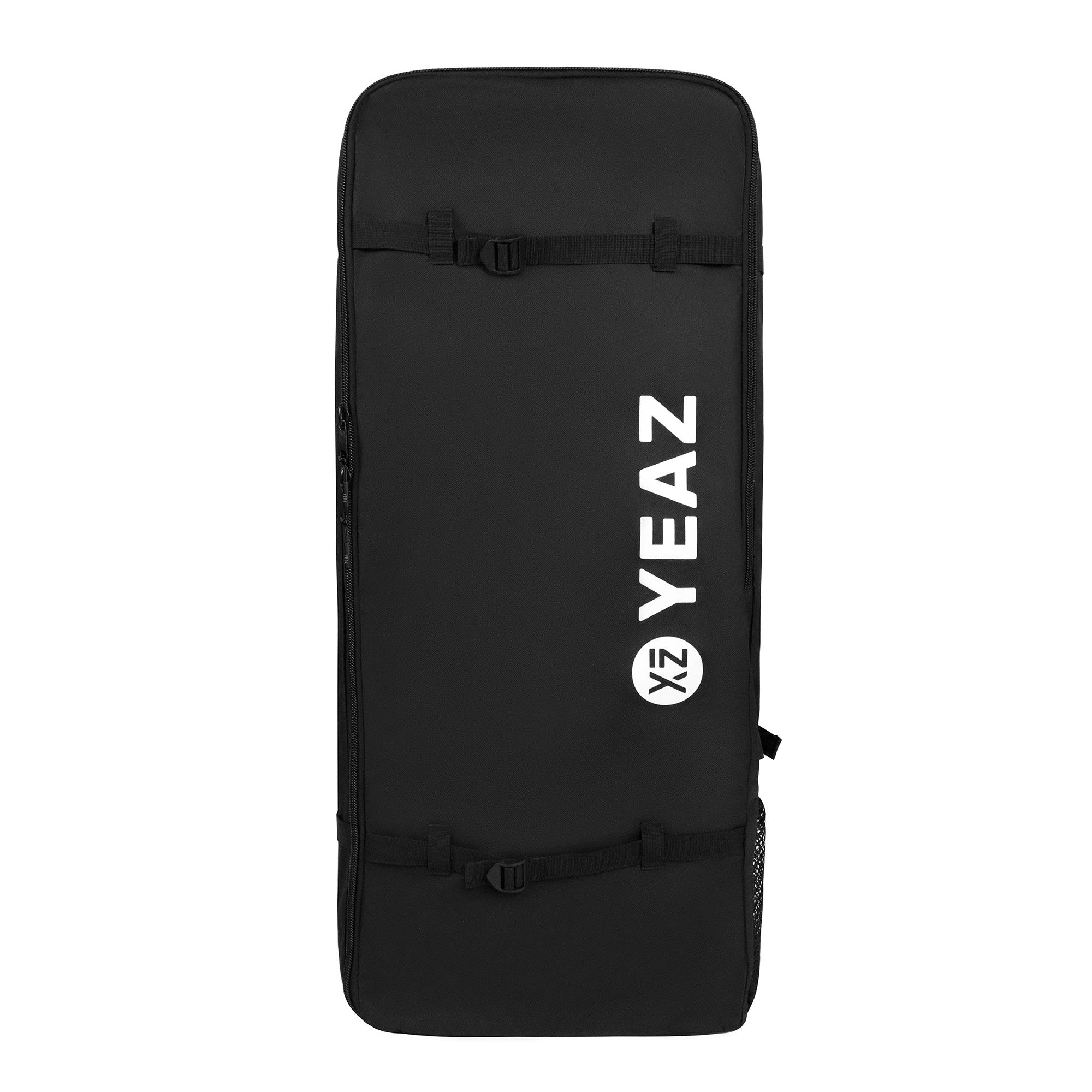 Borsa nera con logo YEZ bianco e cinghie regolabili.