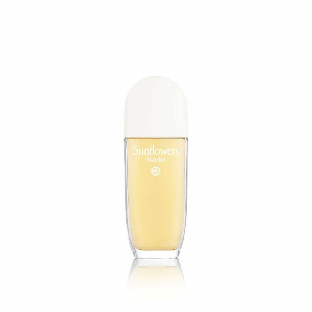 Flacone Elizabeth Arden Sunflower Sunrise. Tappo bianco, liquido giallo. Scritta Sunflower Sunrise.