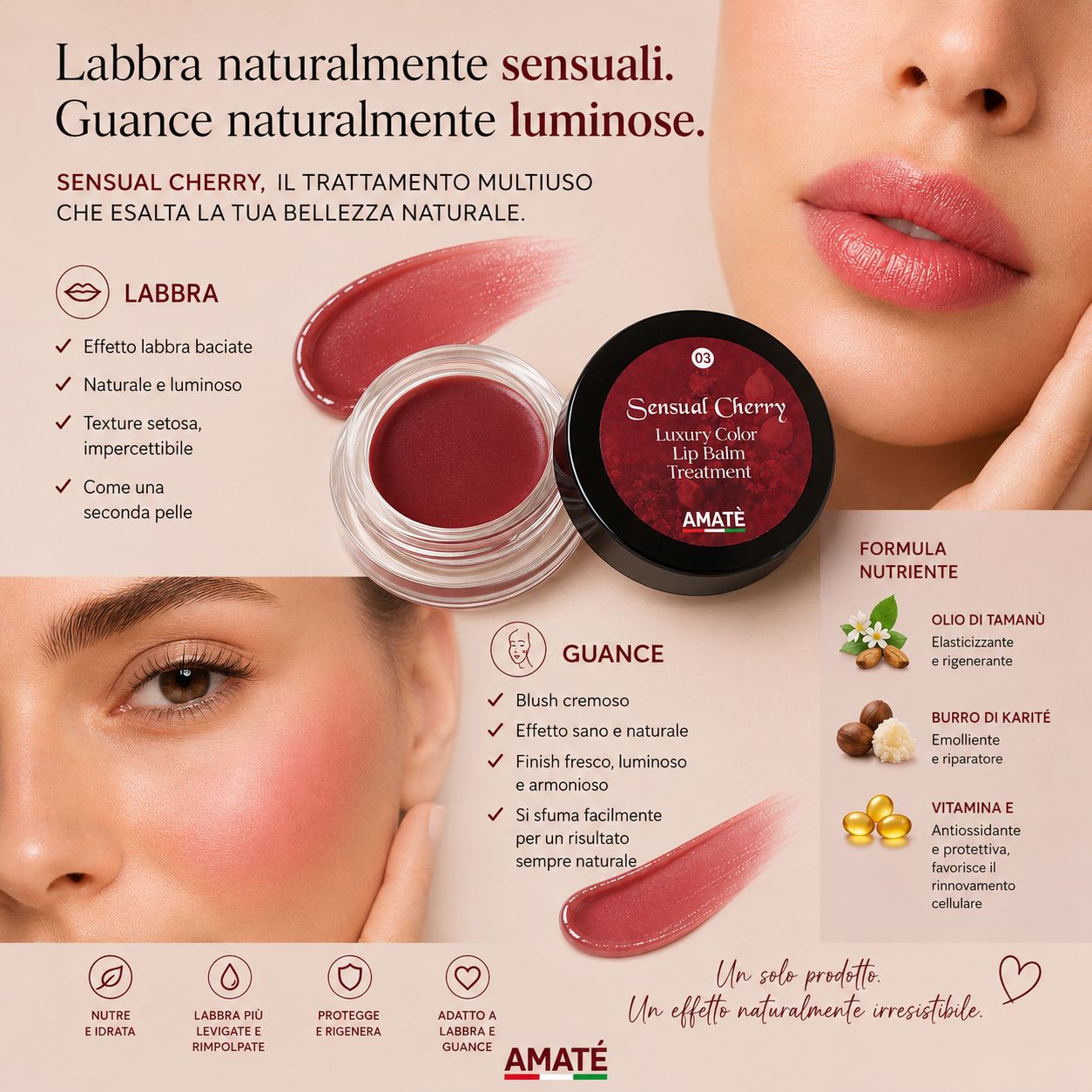 Immagine pubblicitaria con prodotto e volti. Prodotto: Sensual Cherry Lip Balm. Testo: "Labbra naturalmente sensuali. Guance naturalmente luminose."
