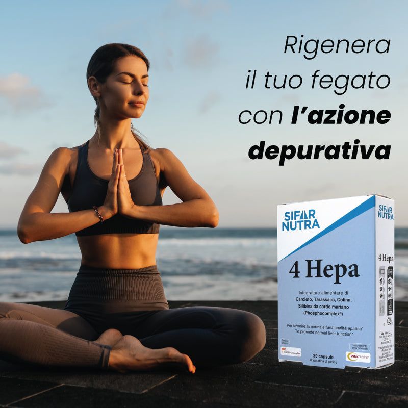 Donna che medita. Scatola Sifar Nutra 4 Hepa. Testo: Rigenera il tuo fegato con un'azione depurativa.