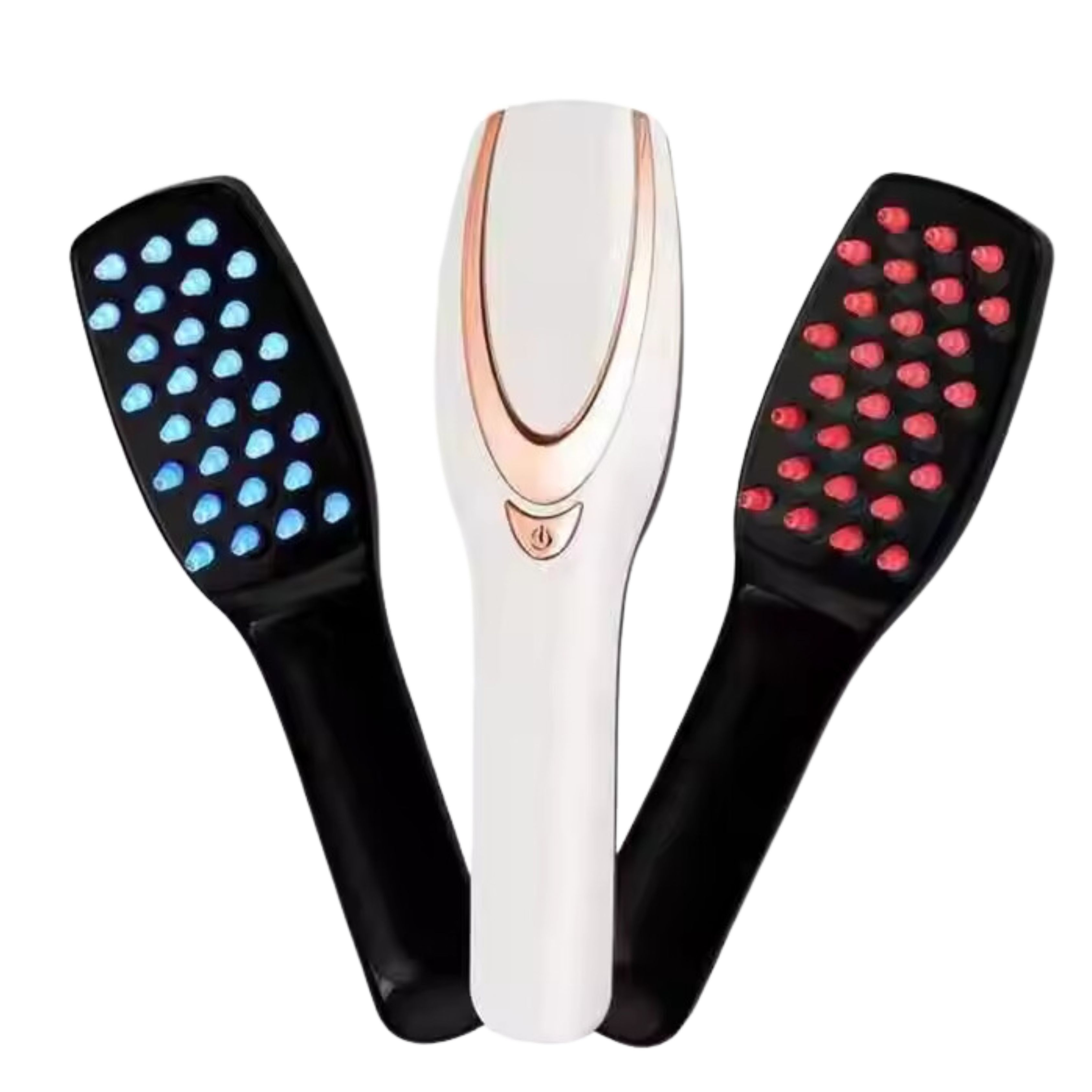 Tre spazzole per capelli: una bianca con oro rosa, due nere con LED blu e rossi.