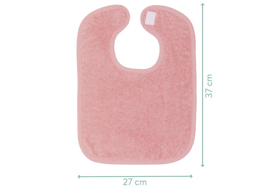 Bavaglino in spugna rosa con misure: 27 x 37 cm. Chiusura in velcro al collo.