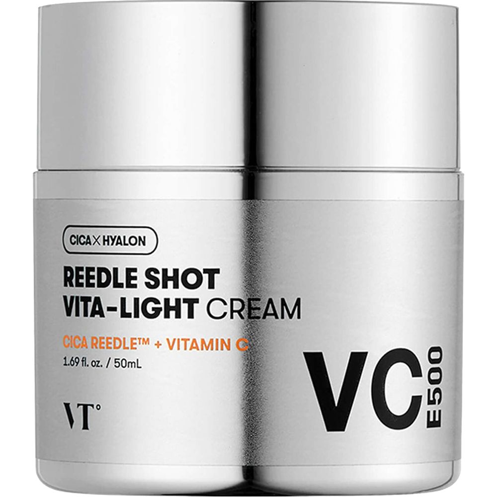 Vaso di crema con coperchio argentato. Scritta: Reedle Shot Vita-Light Cream, VC E500.