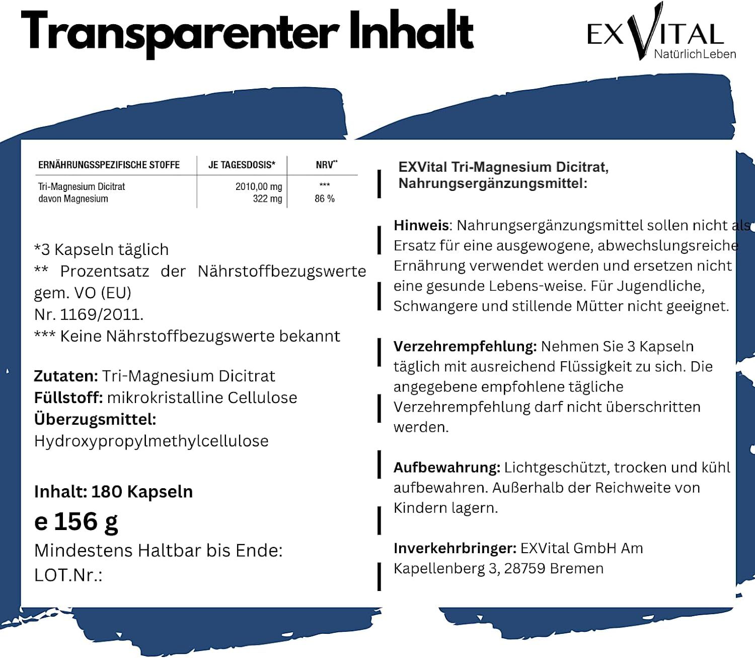 Testo su sfondo blu. Testo: Contenuto trasparente, EXVital, informazioni nutrizionali, 180 capsule, e 156 g, Da consumarsi preferibilmente entro.
