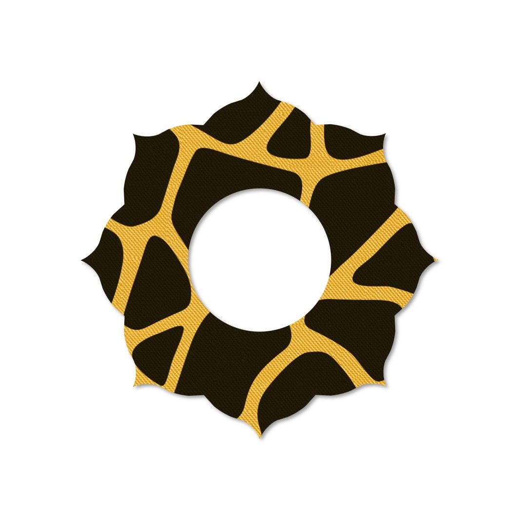 Anello di fissaggio rotondo con motivo giraffa. Elementi neri e dorati. Foro centrale.