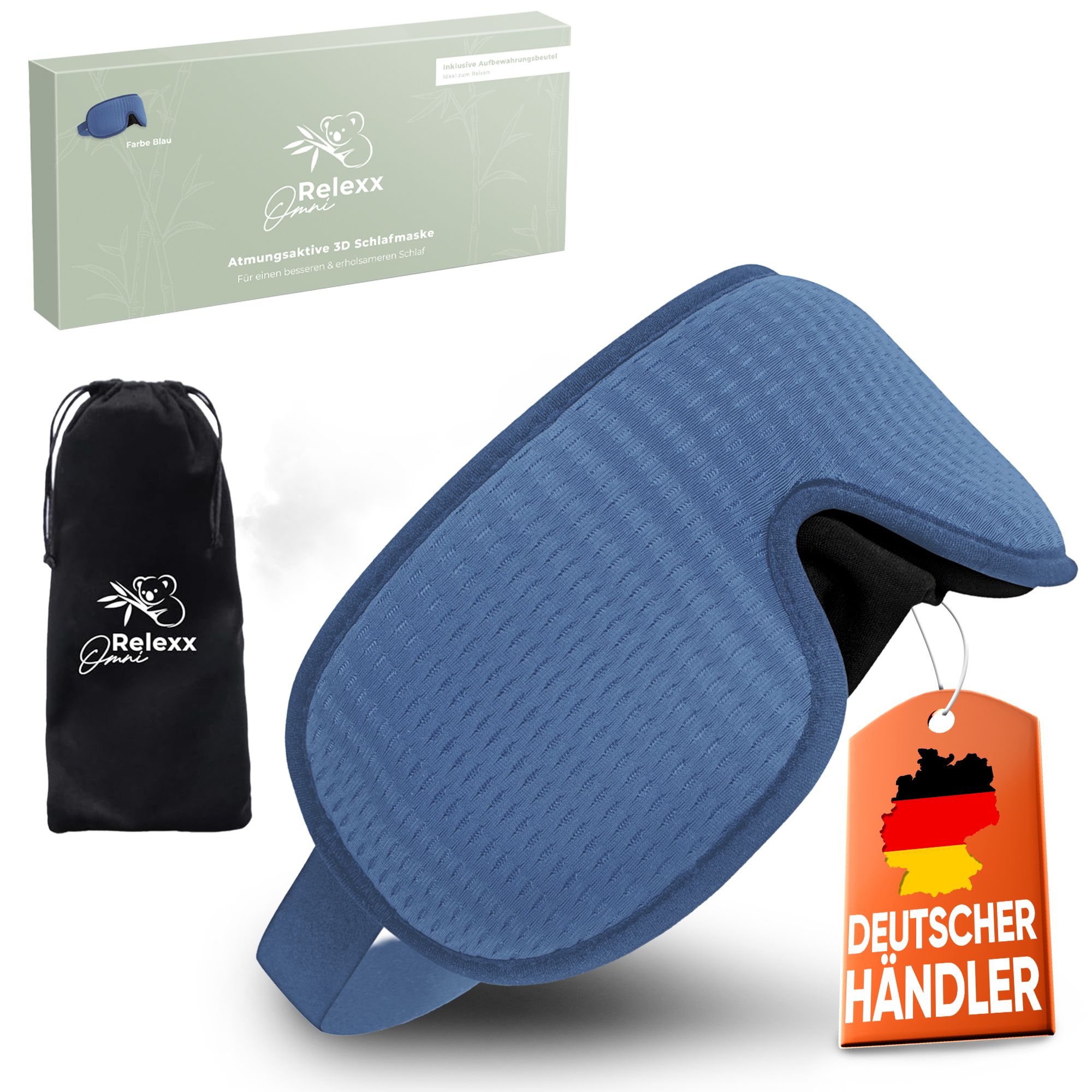 Maschera per dormire blu con etichetta "Deutscher Händler", confezione e custodia. Marchio: Omni Relexx.