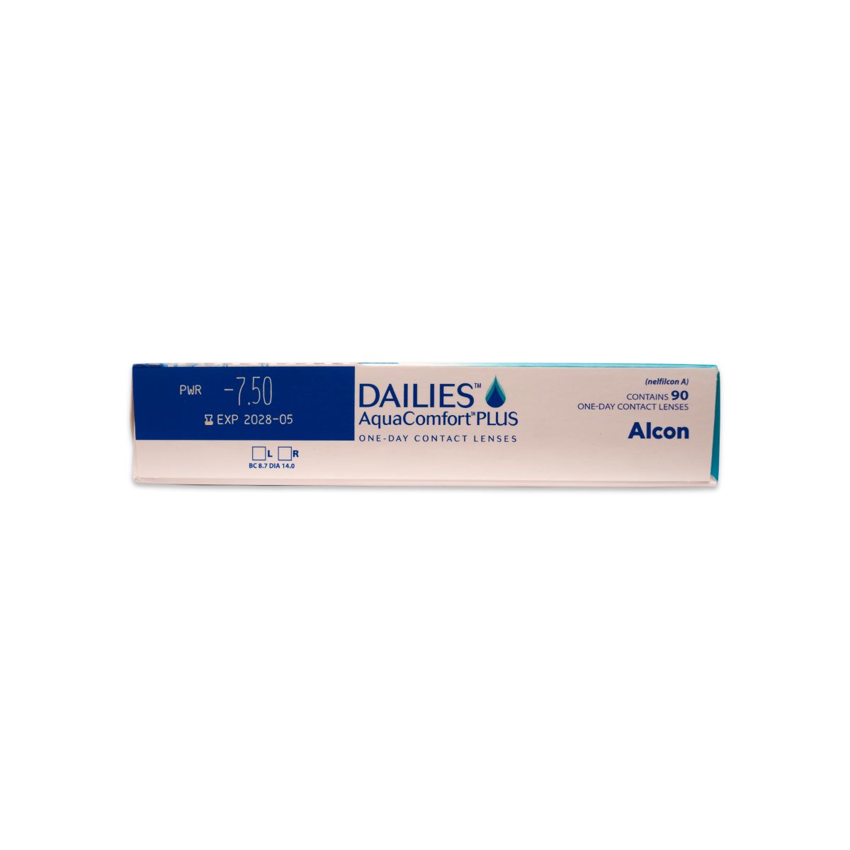 Scatola bianca stretta con scritta "DAILIES AquaComfort PLUS". Contiene 90 lenti. Logo Alcon.