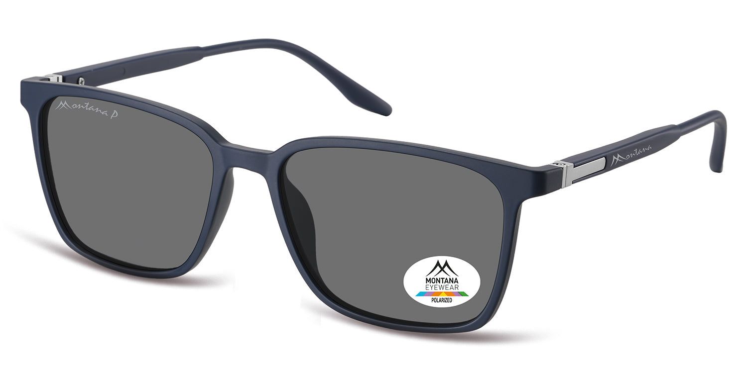 Occhiali da sole blu con lenti grigie. Logo Montana Eyewear sull'asta e sulla lente. Lenti polarizzate.