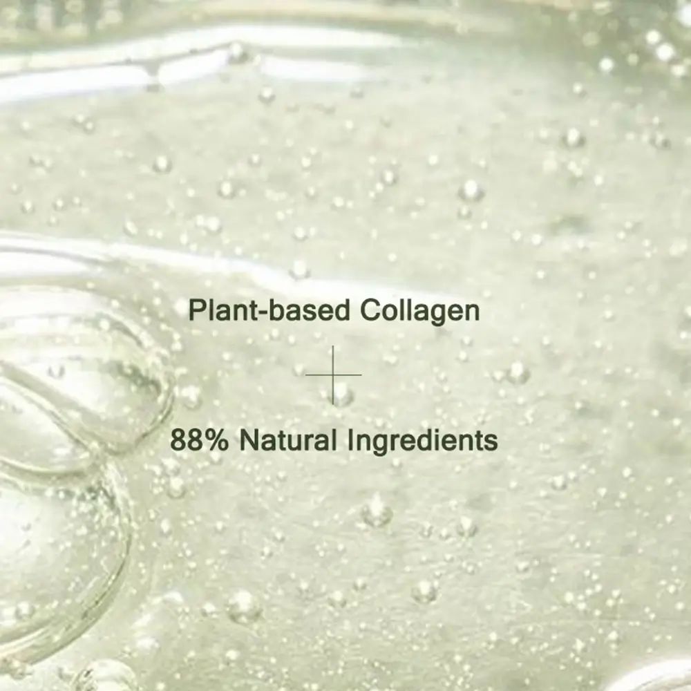 Primo piano del siero con testo 'Plant-based Collagen' e '88% Natural Ingredients'.