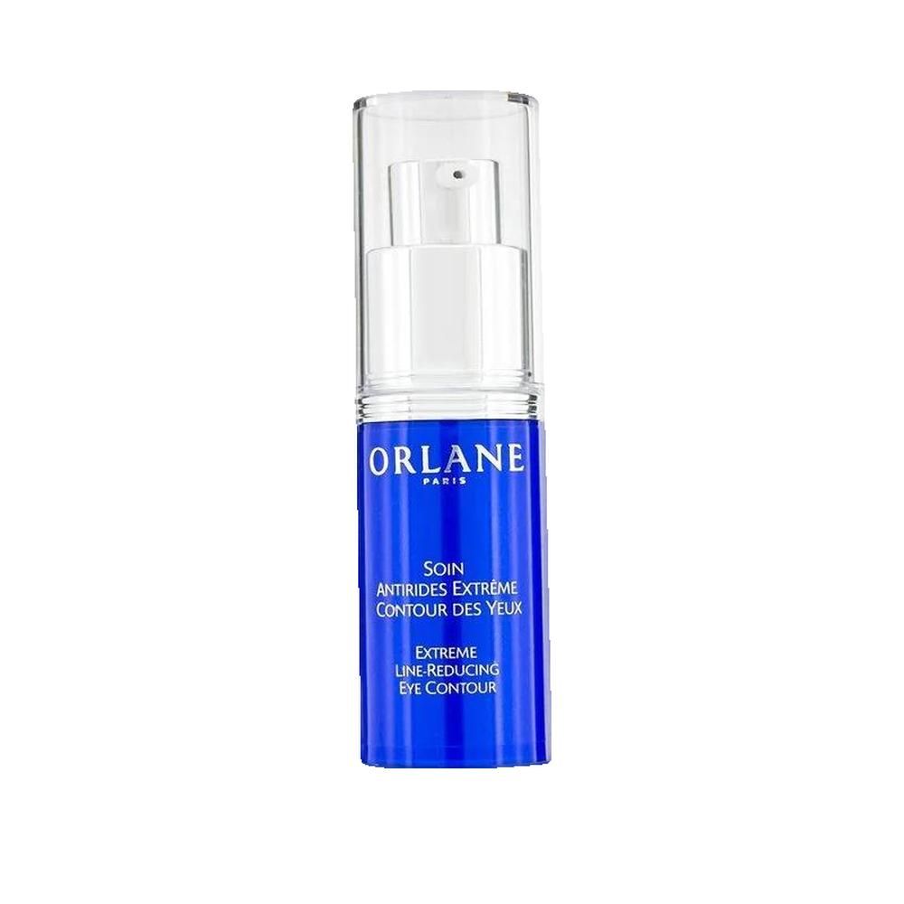 Prodotto blu con stampa bianca. Testo: ORLANE PARIS, SOIN, EXTREME LINE-REDUCING CARE EYE CONTOUR. Con pompa.