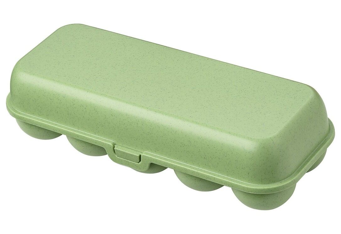 Portauova verde con coperchio e chiusura a scatto. Contiene sei uova. In plastica.