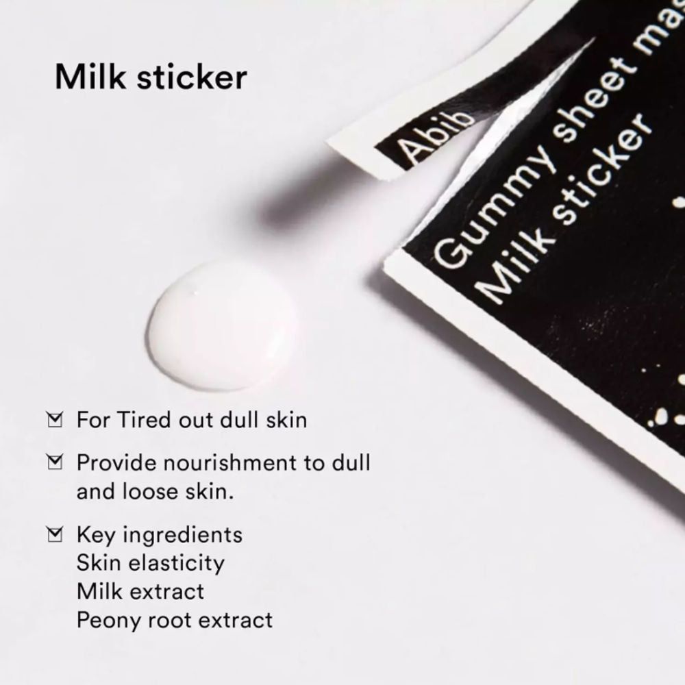 Confezione e goccia di latte. Testo: ABIB, Gummy Sheet Mask Milk Sticker. Sfondo bianco.
