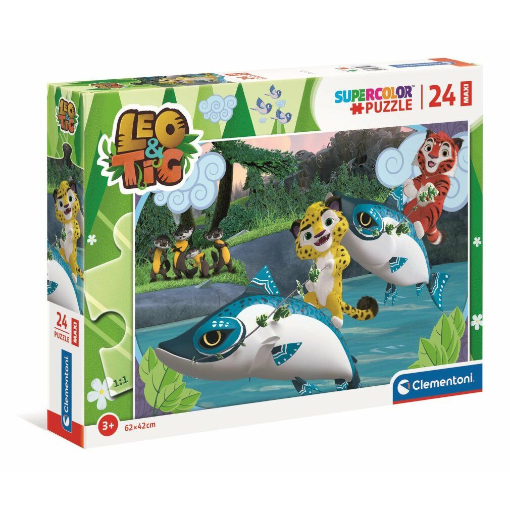 Scatola puzzle Leo & Tig. 24 pezzi, formato maxi. Logo Clementoni. Età: 3+. Dimensioni: 62x42cm.