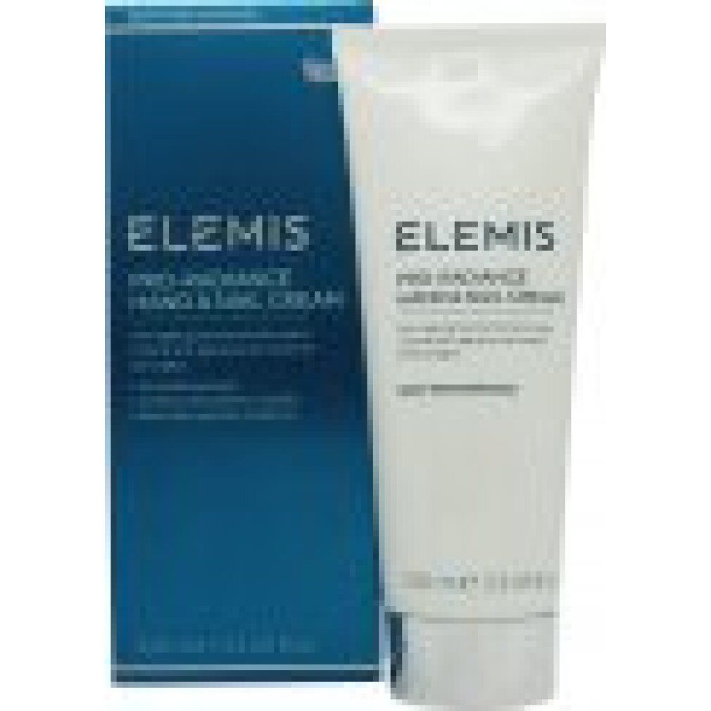 Elemis Pro-Radiance Hand & Nail Cream. Tubo bianco e scatola blu. Testo: Crema anti-età per mani e unghie.