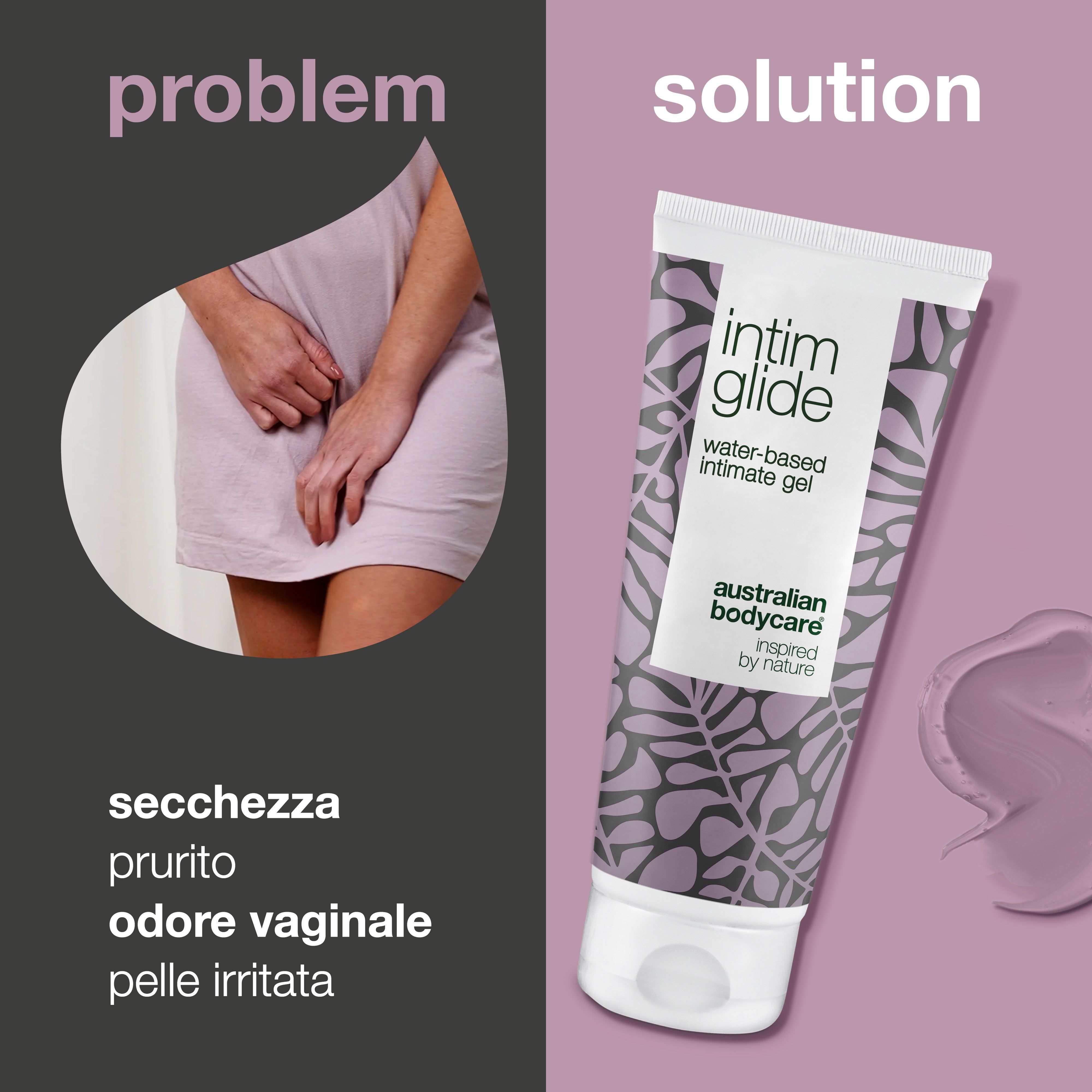 Grafica: problema e soluzione. Tubo di gel intimo. Testo a base d'acqua.