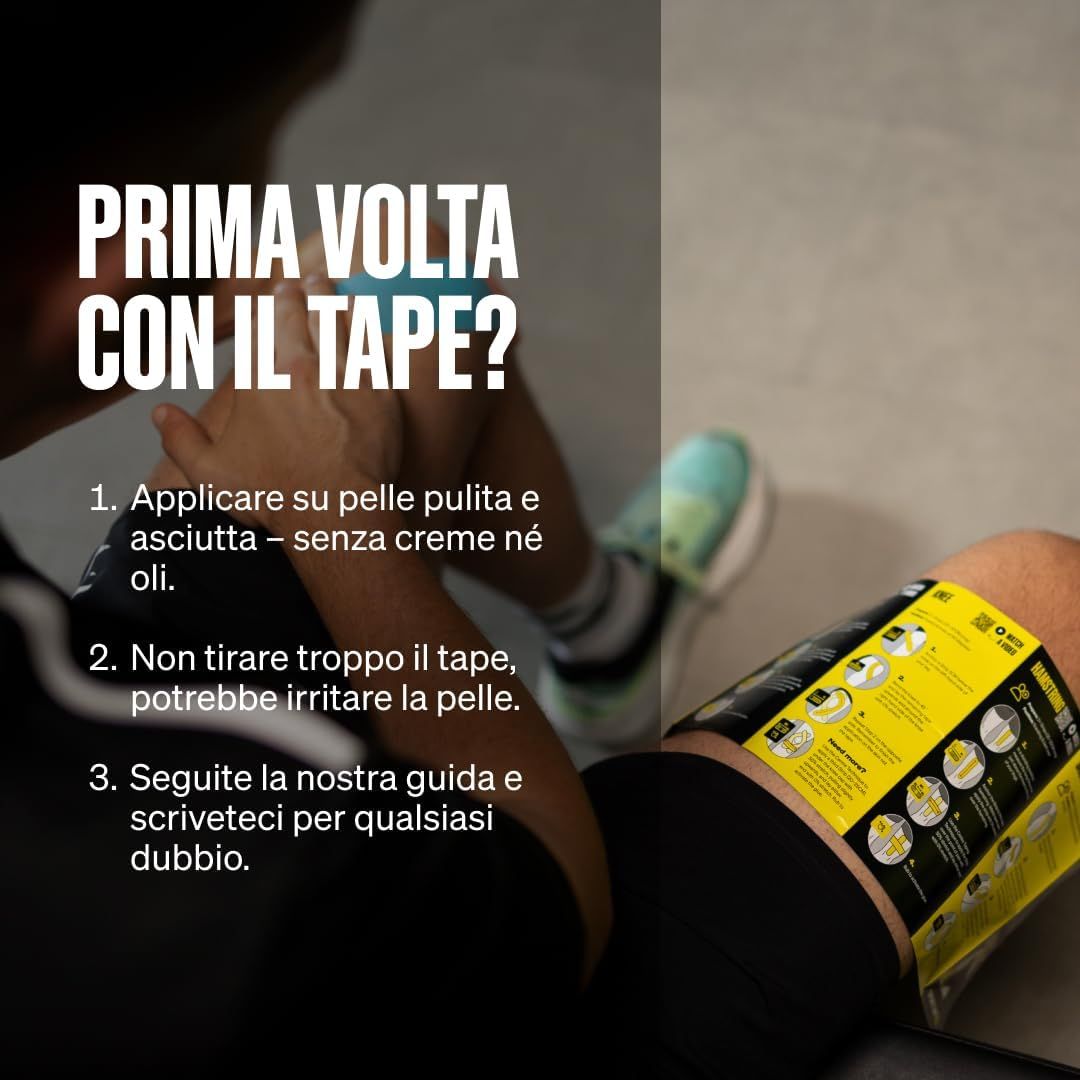 Istruzioni per l'applicazione del nastro kinesiologico: Applicare su pelle pulita, non allungare eccessivamente, seguire le istruzioni.