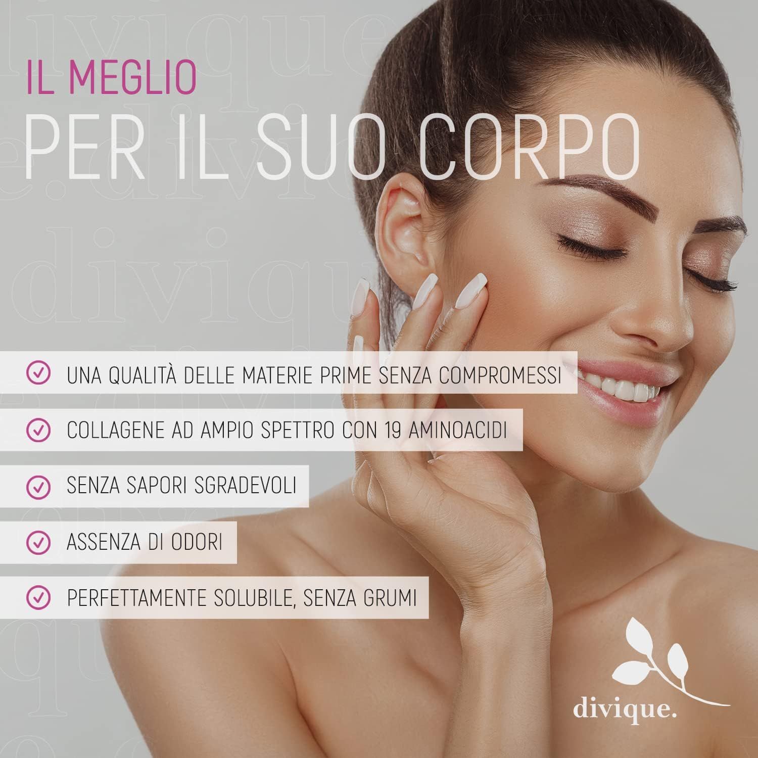 Donna sorridente. Testo: divique. Materie prime di alta qualità, 19 aminoacidi, senza retrogusto, inodore.