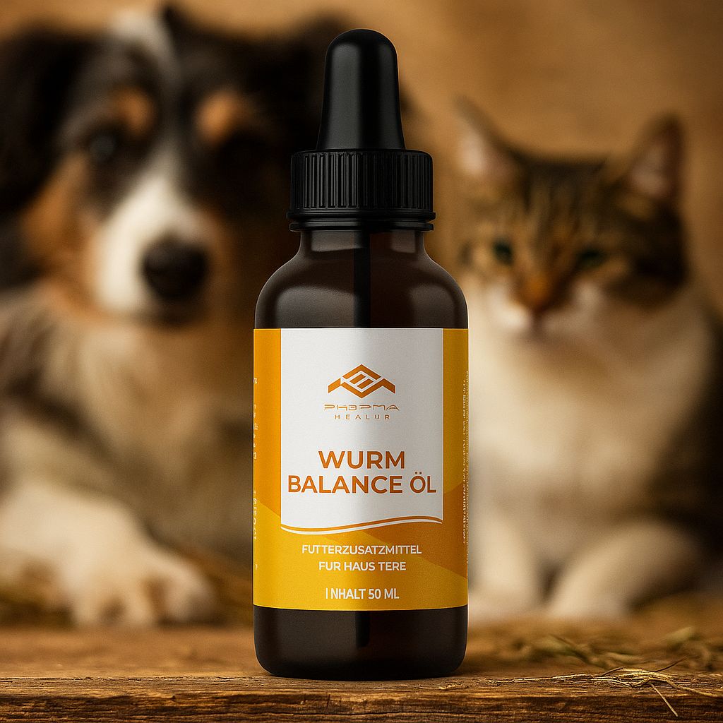 Flacone marrone con contagocce, etichetta con testo: Wurmsan Balance Öl. Immagini di cani e gatti sullo sfondo. Testo: Integratore per animali. Contenuto 50 ml.