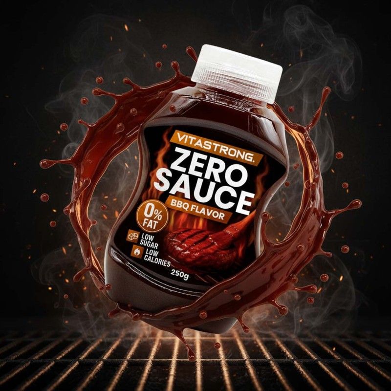 Bottiglia marrone con tappo bianco. Scritta: Vitastrong Zero Sauce BBQ Flavor. 0% grassi, basso contenuto di zuccheri, basse calorie. 250g. Circondata da un'onda di salsa.