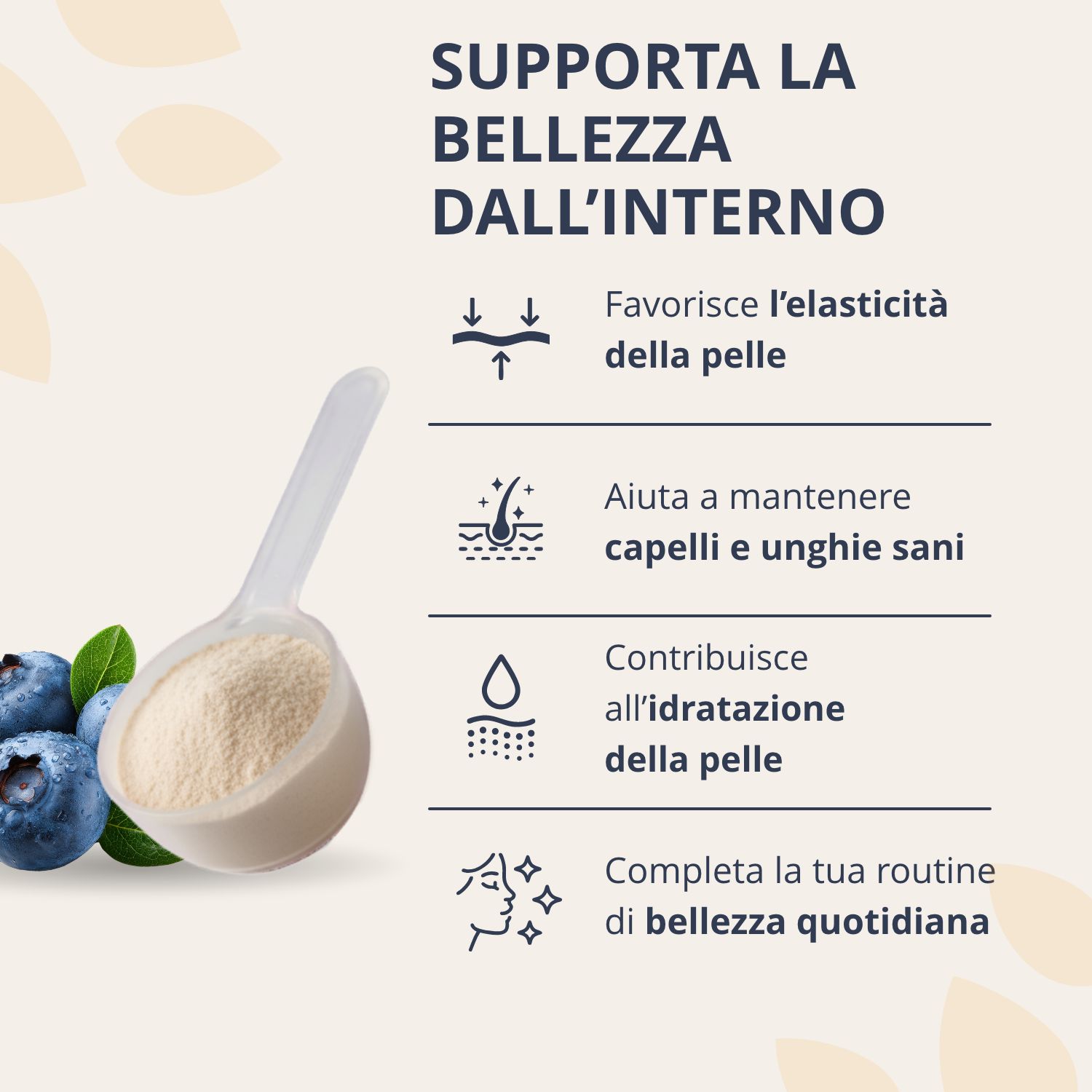 Infografica: Il collagene supporta la bellezza dall'interno, l'elasticità della pelle, capelli e unghie.