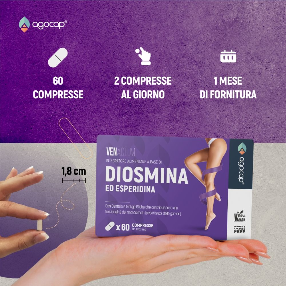 Mano che tiene scatola prodotto. 60 compresse, 2 al giorno. 1 mese di fornitura. Compressa accanto.