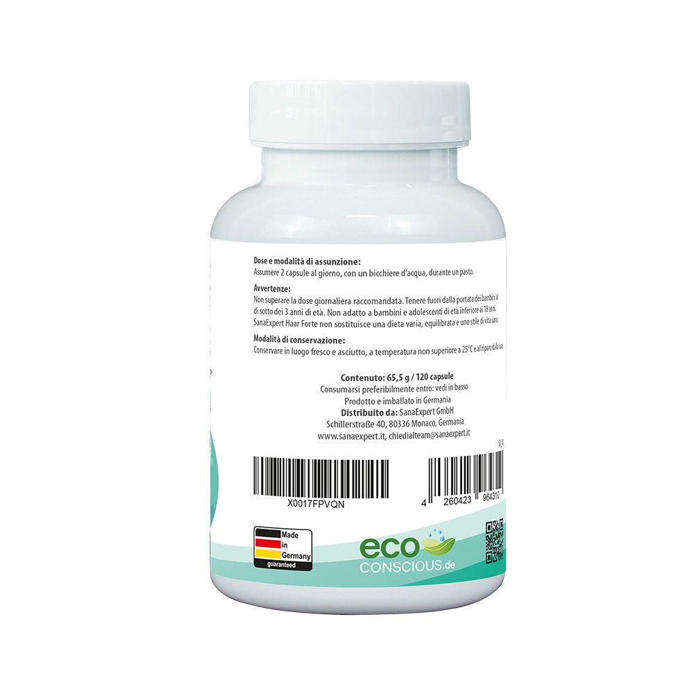 Retro del flacone bianco SanaExpert Haar Forte. Informazioni sull'uso e avvertenze.