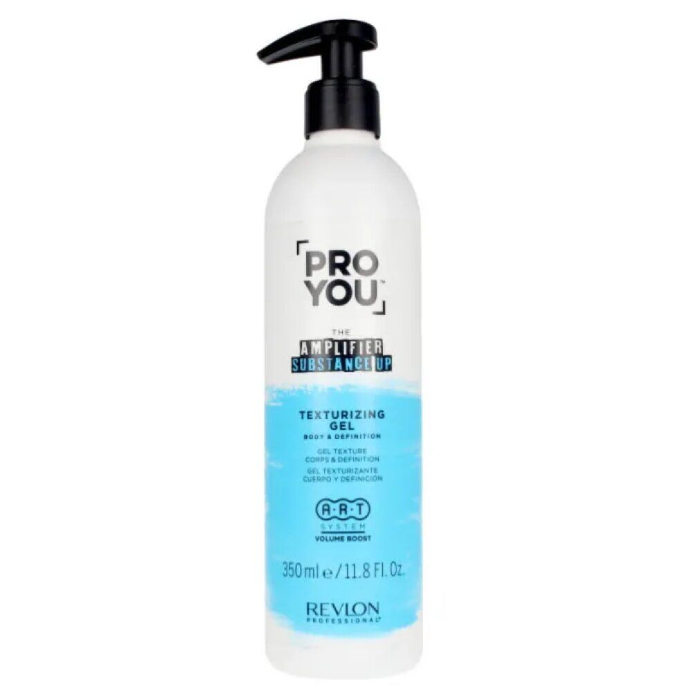 Flacone con erogatore nero. Scritta: PRO YOU, THE AMPLIFIER SUBSTANCE UP, TEXTURIZING GEL. Colori blu e bianco.