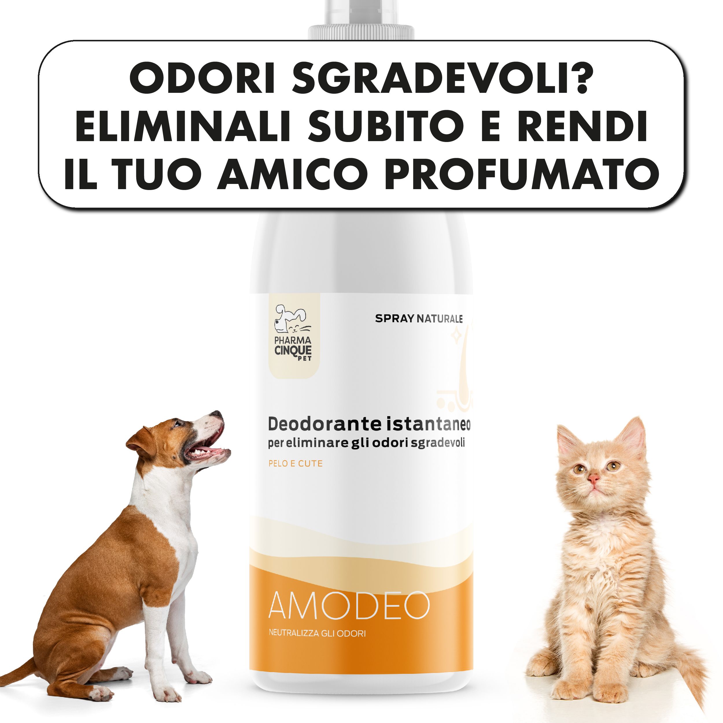 Spray deodorante per cani e gatti. Flacone con etichetta e testo. Cane e gatto affiancati.