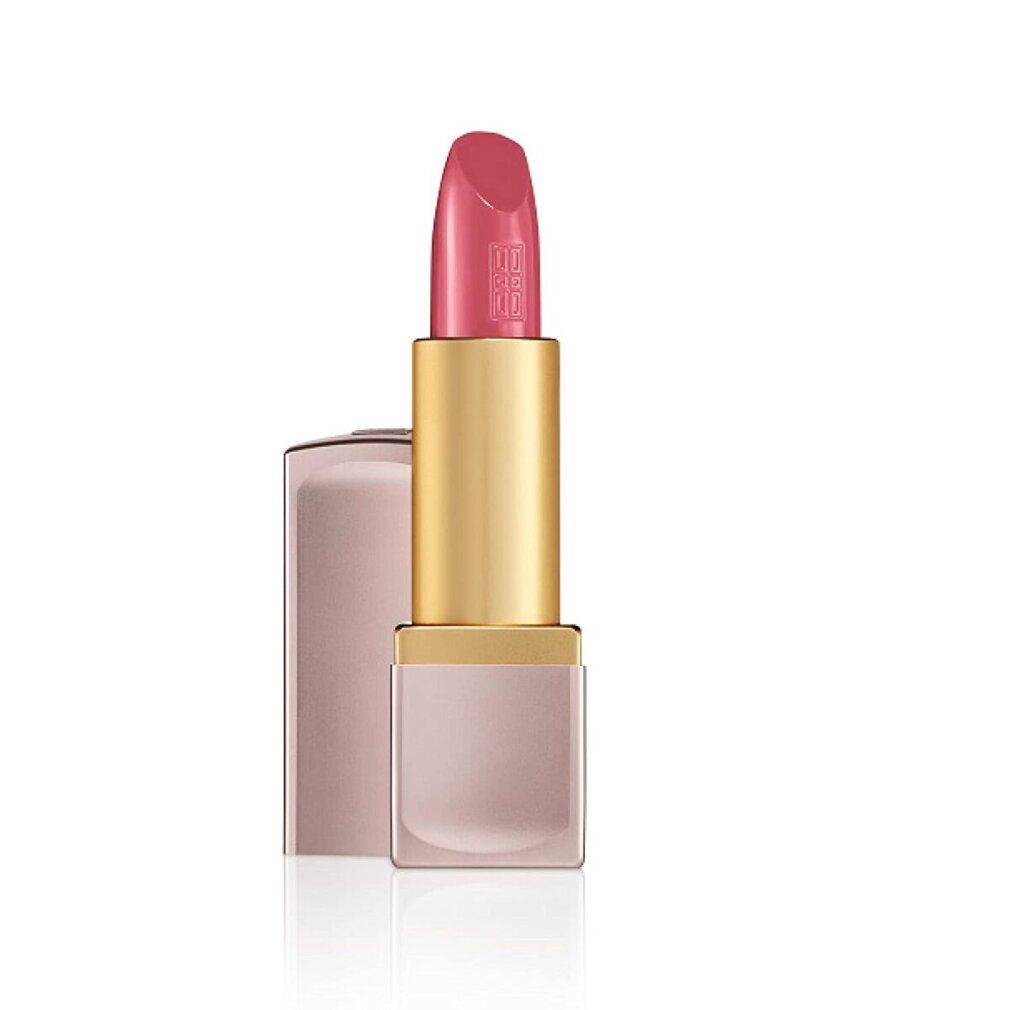 Rossetto rosa aperto, con astuccio dorato e base rosa. Il rossetto mostra il marchio in rilievo.