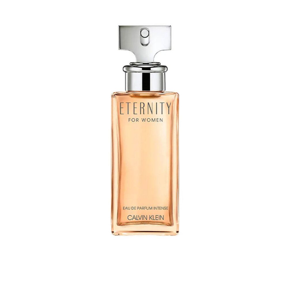 Flacone rettangolare con tappo argentato. Scritta: Eternity for Women, Eau de Parfum Intense, Calvin Klein.