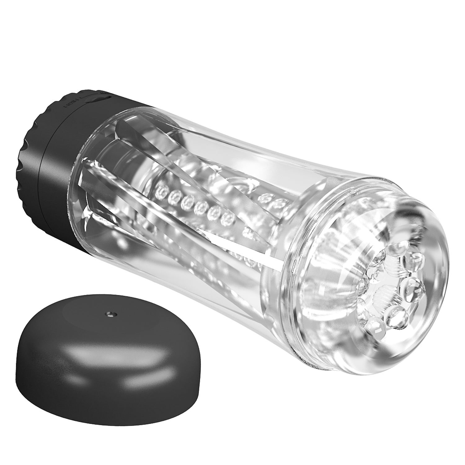 Dispositivo cilindrico trasparente, base e coperchio neri. Struttura interna visibile.