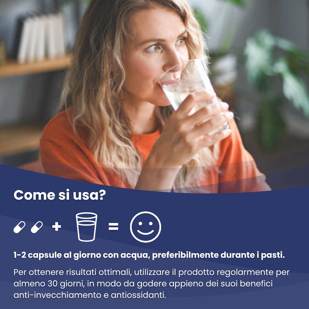Donna che beve acqua. Testo: 1-2 capsule al giorno con acqua. Assunzione durante i pasti raccomandata.