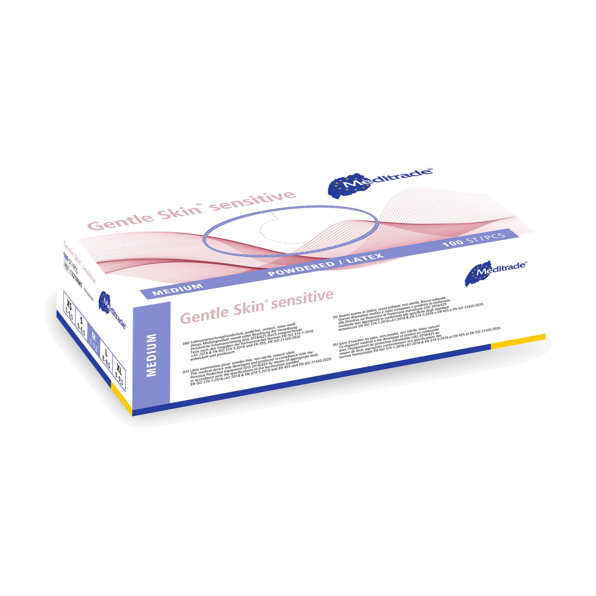 Guanti da esame Meditrade Gentle Skin sensitive, Taglia M, lattice, polverizzati, 100 pezzi.