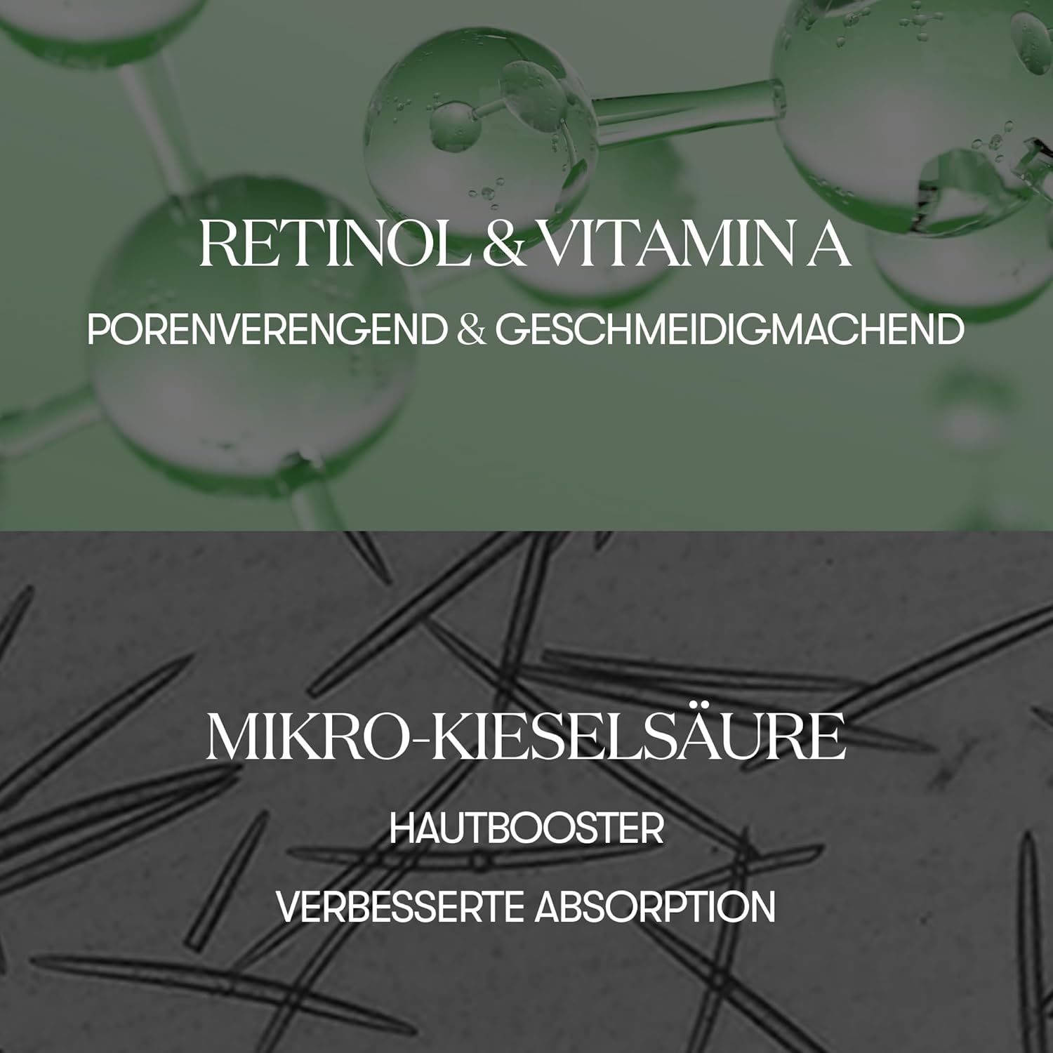 Struttura molecolare e microaghi. Testo: Retinolo e Vitamina A, Acido silicico.