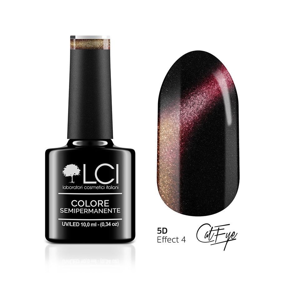 Flacone di smalto con tappo nero e campione. Scritta: LCI, COLORE SEMIPERMANENTE, UVLED 10,0 ml. Campione: 5D Effect 4 Cat Eye.