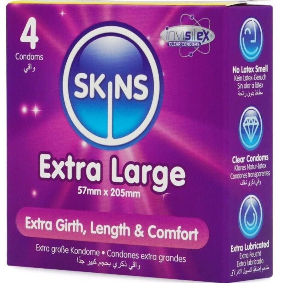 Scatola di 4 preservativi Skins Extra Large, 57mm x 205mm. Scritto: Extra Girth, Length & Comfort. Con InvisiTex.