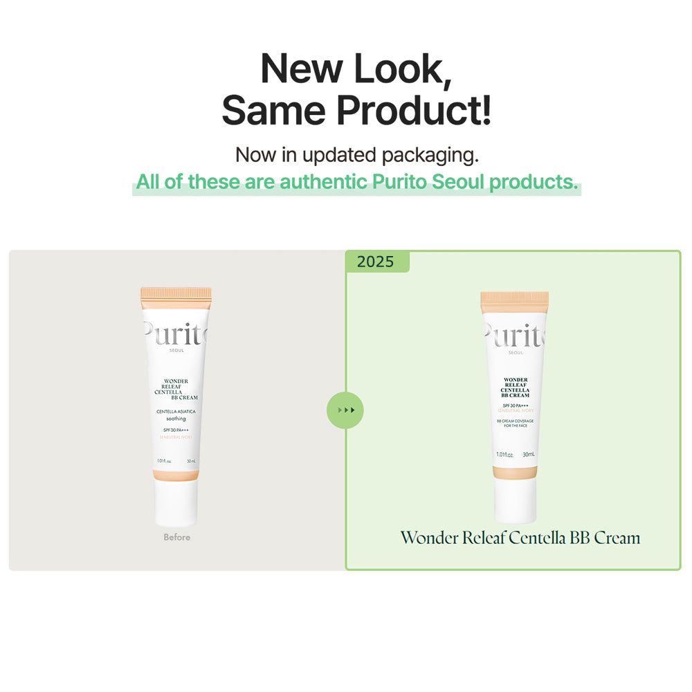 BB Cream Purito Wonder Releaf Centella, tonalità 13 Avorio Neutro, SPF 30 PA+++, su sfondo beige.