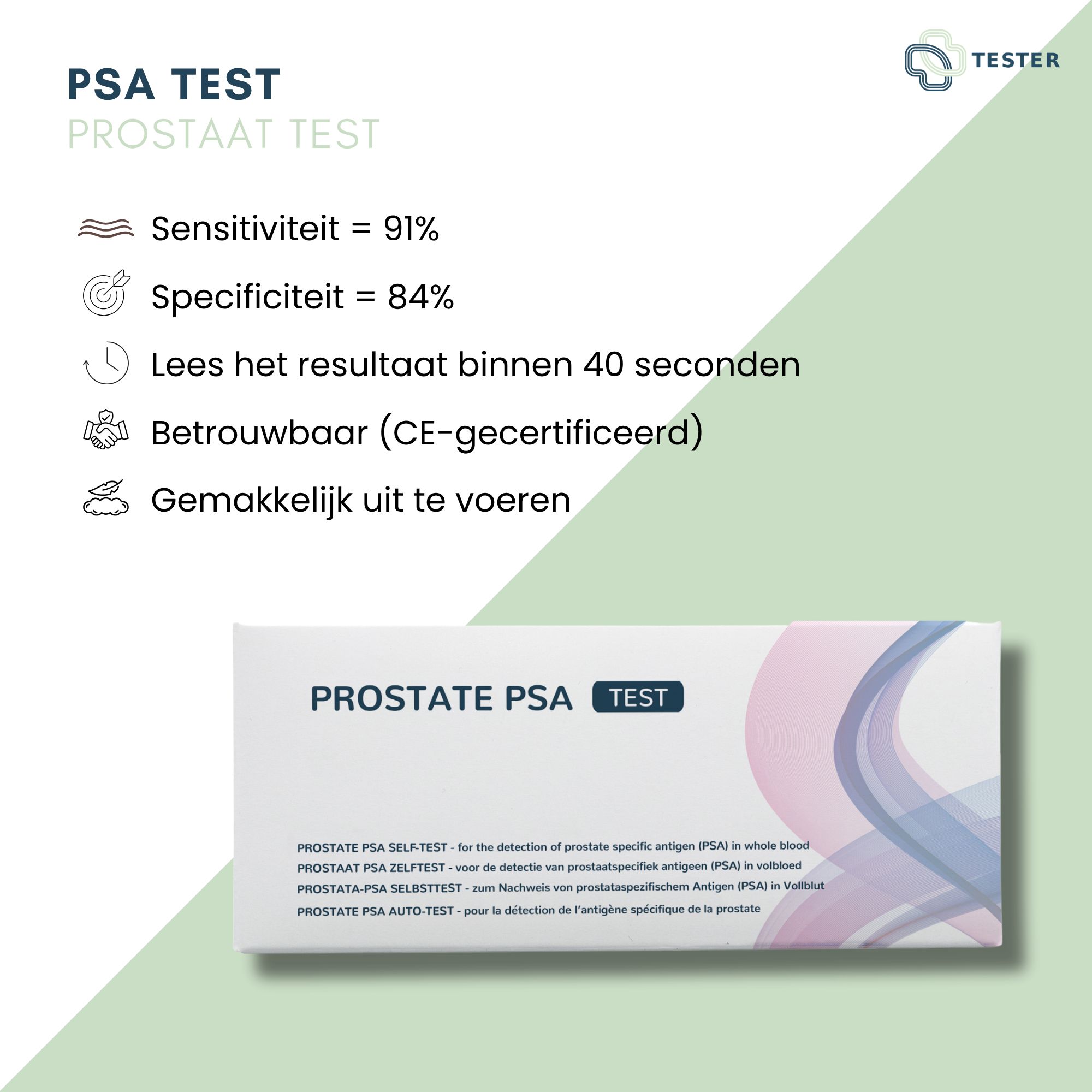 Confezione con scritta PROSTATE PSA TEST. Informazioni su sensibilità e specificità. Certificazione CE. Testo in tedesco e inglese.