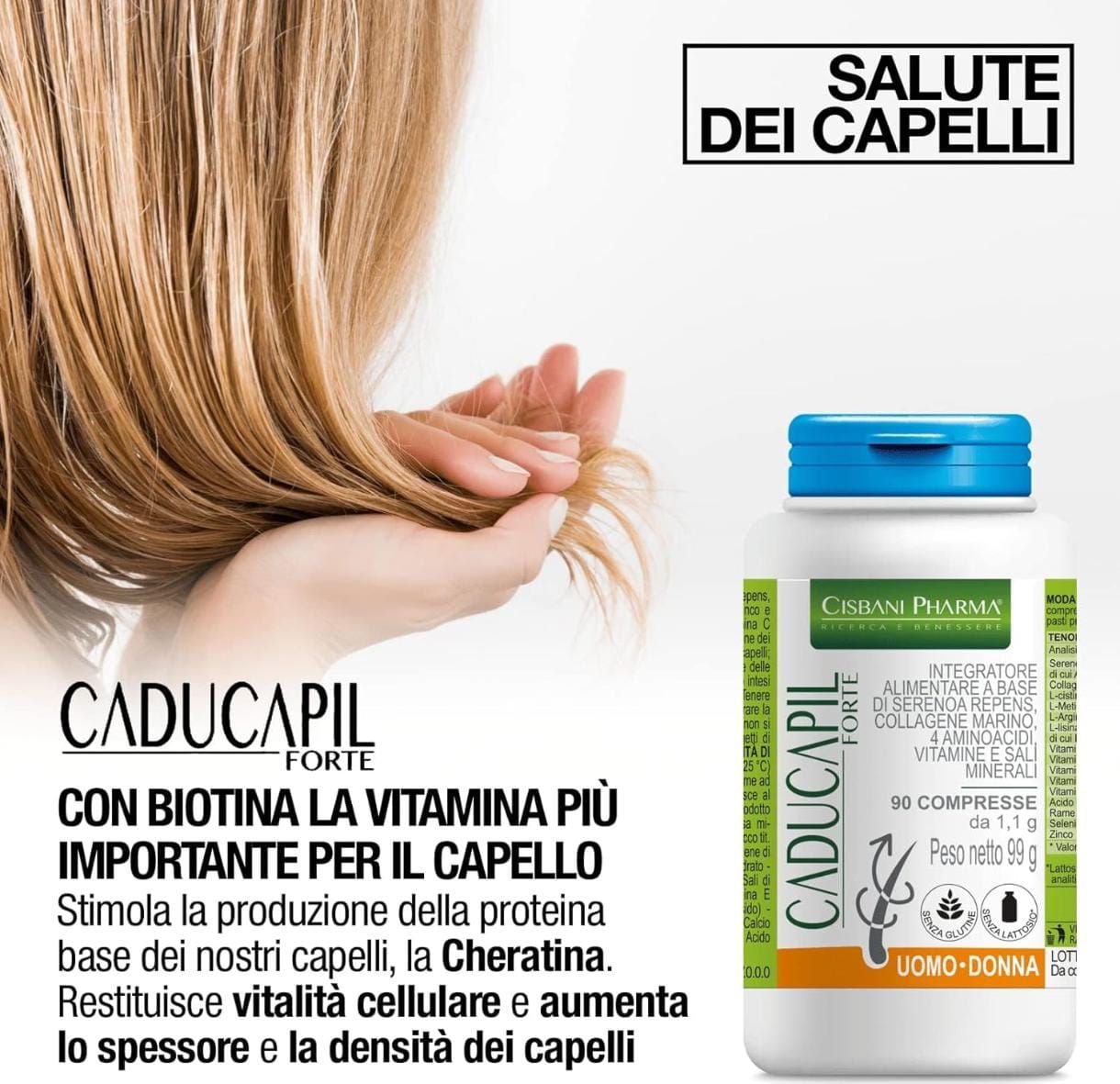 Flacone di compresse con informazioni sul prodotto. Mani che tengono i capelli sullo sfondo. Testo: Caducapil Forte, 90 compresse, Uomo-Donna.