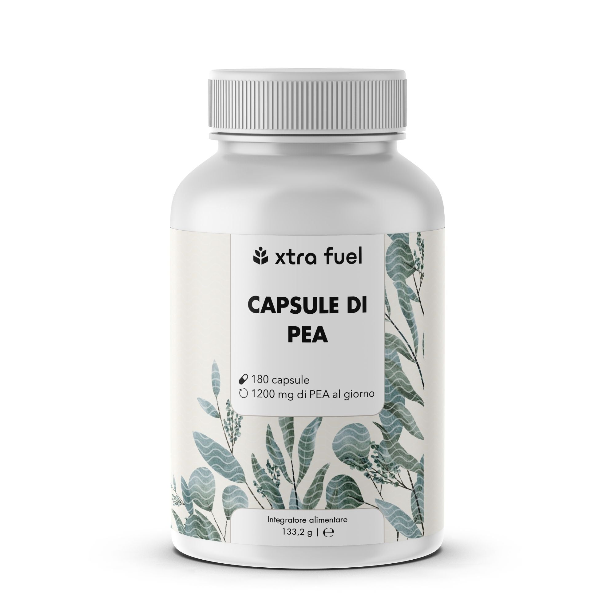 Flacone bianco con capsule. Scritta: XTRA FUEL CAPSULE DI PEA. 180 capsule. 1200 mg di PEA al giorno.