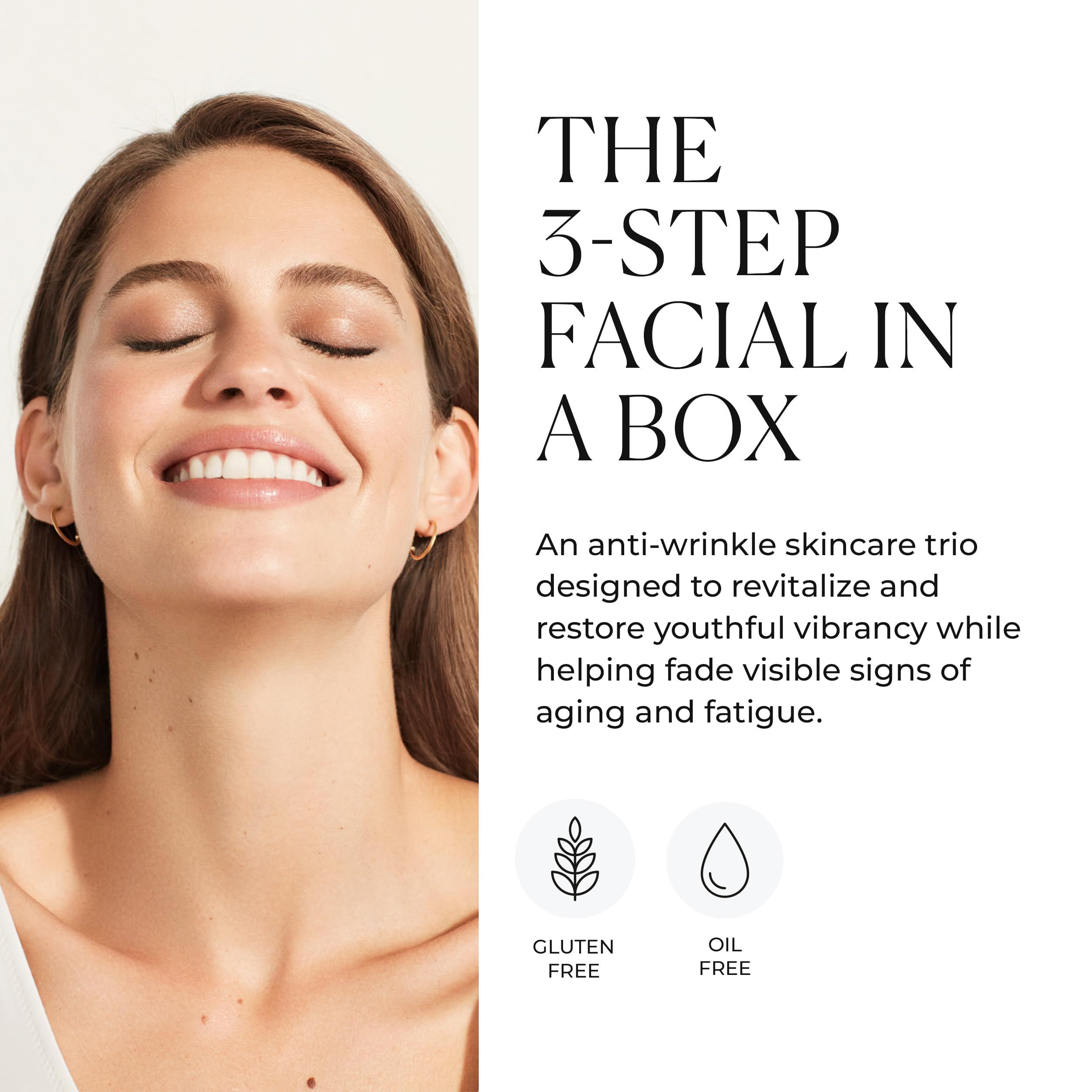 Donna sorridente. Testo: The 3-Step Facial in a Box. Icone: Senza glutine, Senza olio.
