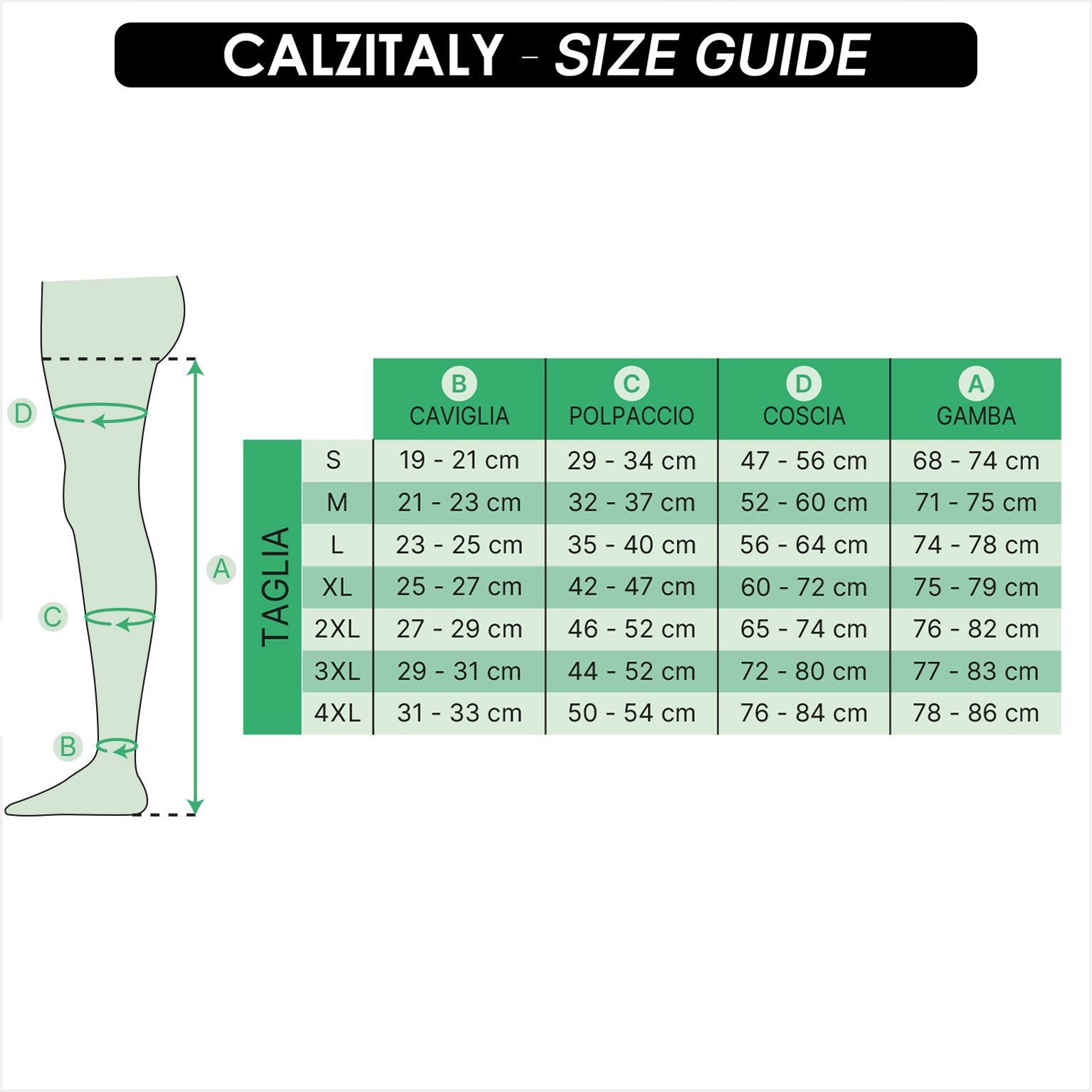 Tabella delle taglie per calze compressive. Misure per caviglia, polpaccio, coscia e gamba. Marchio: CALZITALY.