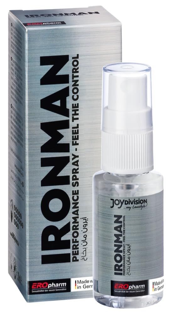 Flacone spray e confezione con design metallico argentato. "IRONMAN" e scrittura araba.