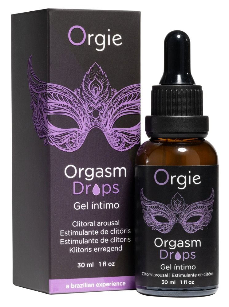 Flacone Orgie Orgasm Drops con contagocce e design a maschera.